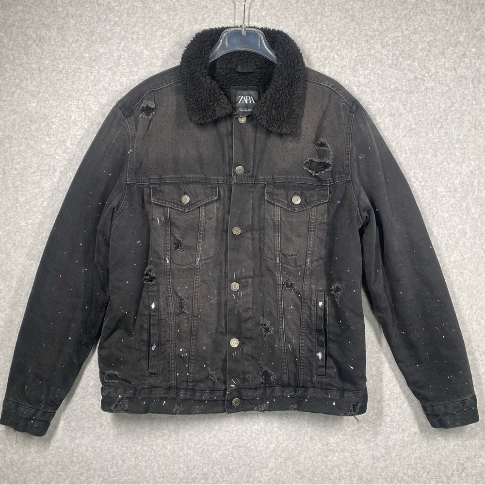 Zara Distressed Black Jacket with Sherpa Collar